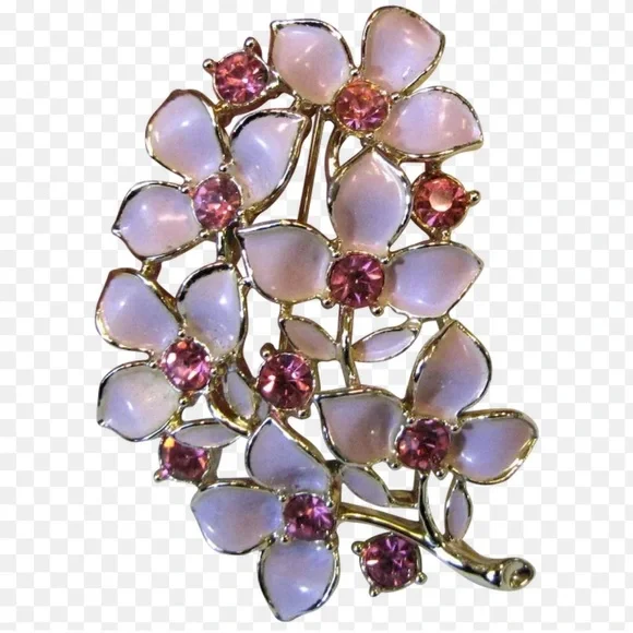 Sarah Coventry gold tone vintage enamel and pink rhinestone flower large brooch - Picture 6 of 6